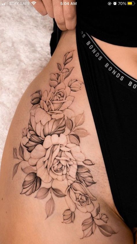 Floral Hip Tattoo, Flower Hip Tattoos, Floral Thigh Tattoos, Flower Thigh Tattoos, Hip Thigh Tattoos, Hair Tattoo, New Tattoo Designs, More Tattoo, Hip Tattoos Women