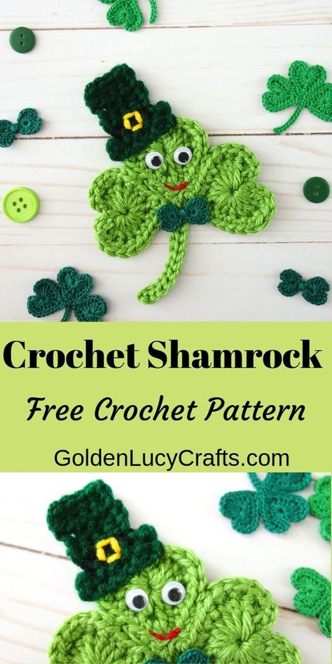 Patrick Crochet, Shamrock Crochet, Free Christmas Patterns, Crochet Shamrock, Crochet Bow Pattern, Crochet Flamingo, Crochet Thread Size 10, Leprechaun Hat, Crochet Holiday