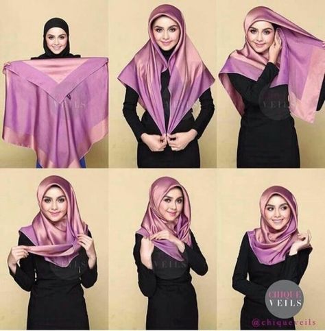 Hijab With Square Scarf, How To Wear Square Scarf Hijab, Square Scarf Styles, Beautiful Hijab Styles, Square Scarf Hijab, Square Hijab Tutorial, Beau Hijab, Hijab Stile, How To Wear Hijab