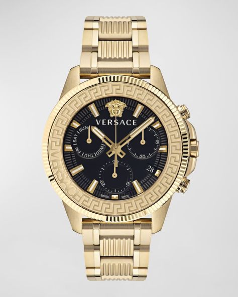 N9XEM Versace Men's Greca Action IP Yellow Gold Chrono Watch, 45mm Versace Women, Chrono Watches, Gold Watch Men, Modern Watches, Top Rings, Yellow Gold Bracelet, Mens Gold, Gold Case, Gianni Versace