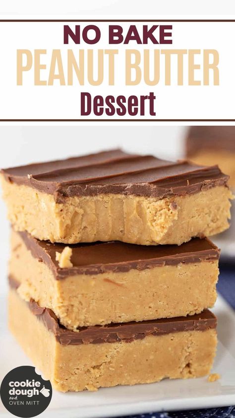 This No Bake Peanut Butter Dessert is a simple and nostalgic treat, made with layers of rich peanut butter and chocolate. Perfect for a quick dessert or snack, these no-bake bars are easy to make and loved by both kids and adults. It's a delicious combination of sweet and salty. Six Sisters Peanut Butter Bars, Easy Dessert Few Ingredients, Peanut Butter Cheesecake Cookie Bars, Quick And Easy Peanut Butter Desserts, Peanut Butter Chocolate Desserts No Bake, Cafeteria Peanut Butter Squares, School Peanut Butter Squares, Frozen Peanut Butter Bites, No Bake Peanut Butter Bars Recipe