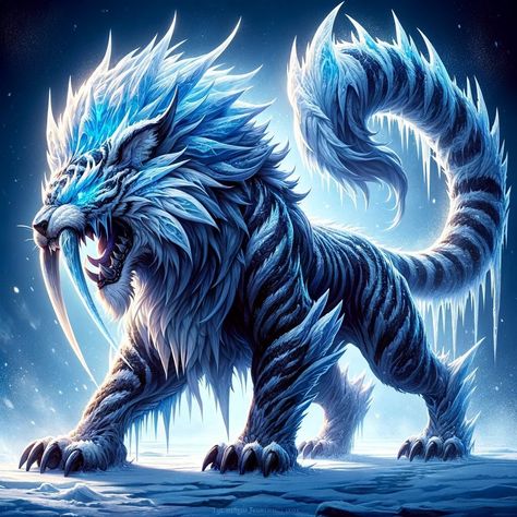 "Behold \"Frostfang\", a digital masterpiece capturing the majestic power of a mythical ice beast. This awe-inspiring creature, reminiscent of a saber-toothed tiger, is brought to life with stunning detail and a vibrant palette of wintry blues and whites. Each strand of its fur is rendered with painstaking precision, appearing as sharp as icicles, while its breath, captured in a frozen exhalation, seems to crystallize the very air. Perfect for fantasy enthusiasts and lovers of mythic creatures, \"Frostfang Saber\" is more than art--it's an embodiment of the raw power and beauty of nature entwined with the fantastical. This piece would serve as a breathtaking centerpiece in any digital art collection, bringing a touch of the mythical wilds into your home or workspace. Upon purchase, you wil Mythic Creatures, Saber Toothed Tiger, Art Tigre, Toile Design, Mythical Creatures Fantasy, Mystical Animals, Cool Monsters, Mythical Animal, Fantasy Beasts