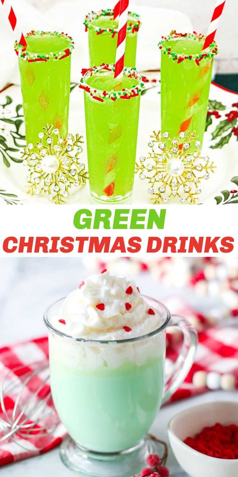 Tis the season where Green Christmas Drinks take center stage, especially when it comes to entertaining. We've come up with some of the most festive green drinks that are delicious and will make a beautiful presentation at all your holiday gatherings. Grinch Punch Mocktail, Mr Grinch Drink, Green Christmas Drinks For Adults, Grinch Christmas Drink Holiday Cocktails, Green Acholol Drinks, Green Christmas Punch Nonalcoholic, Green Christmas Cocktails Holiday Drinks, Christmas Grinch Drink, Green Holiday Drinks