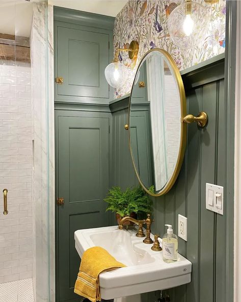 Bathroom Wallpaper Green Cabinet, Whole House Paint Colors Green, Green Paint Cabinet Colors, Half Bathroom Green Walls, Green Gold Paint Color, Best Boho Green Paint Colors, Hunter Green Accent Wall Bathroom, Green Paints For Living Room, Victorian Green Paint Colors