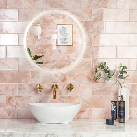 Pearlescent Tiles Bathroom, Pink Pastel Bathroom, Pink And White Marble Bathroom, Pink Onyx Bathroom, Pink Vanity Bathroom, Pink Tiled Bathroom, Blue And Pink Bathroom, Pink And Gold Bathroom, Bathroom Pink