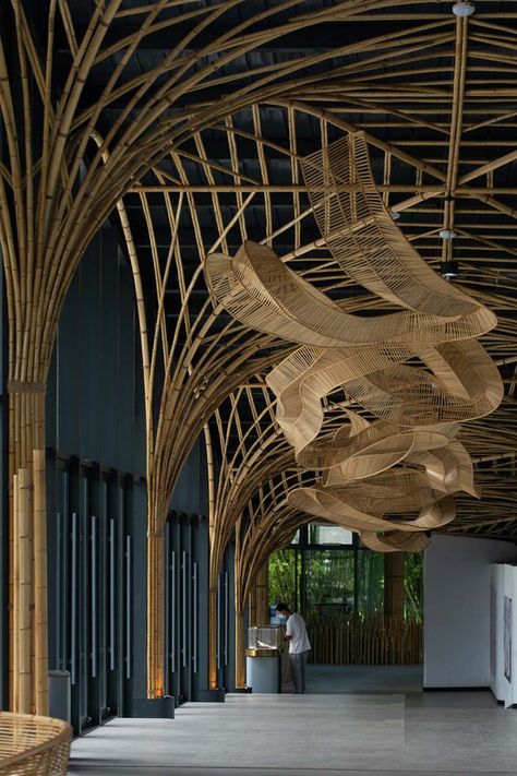 Gallery of Qionglai Bamboo Pavilion / UNO Architects - 7 Bamboo Pavilion, Bamboo Building, Bamboo Ceiling, Bamboo Structure, Bamboo Architecture, Bamboo Art, Parametric Architecture, Bamboo Furniture, Ceiling Installation