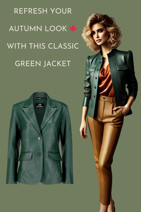 Green jacket fall,” “elegant urban style,” “faux leather jacket look,” and “fall fashion 2024. Green Faux Leather Jacket, Europe Outfits, Autumn Look, Autumn Days, Faux Leather Jacket, Fall Looks, Autumn Day, Faux Leather Jackets, Green Jacket