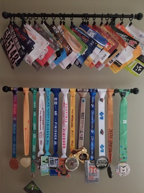 Running Bib And Metal Display, Displaying Race Bibs And Medals, Track Bib Display, Race Plate Display, Bib And Medal Display, Simple Medal Display, Running Medal Display Ideas The Wall, Race Bib And Metal Display, Displaying Running Medals