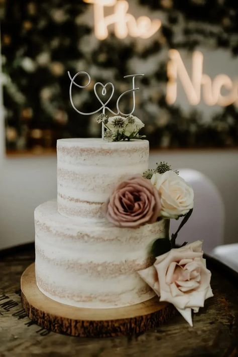 Naked Wedding Cake With Topper, Small Two Tier Wedding Cake Rustic, Simple Two Tier Wedding Cake Rustic, 2 Person Wedding Cake, 2 Their Wedding Cake, Single Layer Wedding Cake Rustic, Simple Dessert Table Ideas Wedding, M&s Wedding Cake, Naked Wedding Cakes 2 Tier