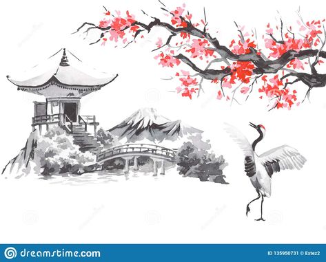 Japanese Greetings, Illustration Japanese, Fuji Mountain, Japan Traditional, Sumi E Painting, Japanese Drawings, Japon Illustration, Japanese Landscape, Ink Illustration