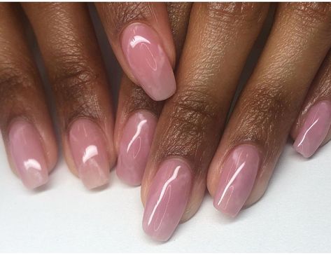 Natural Pink Gel Manicure, Pink Almond Dip Nails, Oval Square Nails, Jelly Nude Nails, Round Pink Nails, Pearly Pink Nails, Autumn Aesthetic Nails, Pinkish Nails, Jelly Pink Nails