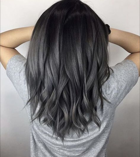 Black To Grey Hair, Black Silver Hair, Grey Hair Colour, Dark Grey Hair Color, Dark Silver Hair, Silver Balayage, Black And Silver Hair, Dark Hair Dye, Charcoal Hair