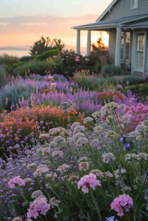 34 Enchanting Flower Garden Designs for a Charming Frontyard Lush Flower Garden, Huge Flower Garden, Natural Flower Garden, Floral Garden Aesthetic, Beautiful Flower Garden Ideas, Cottage Flower Garden Aesthetic, Wild Flower Front Yard, Flowers Outside House, Outdoor Flower Bed Ideas