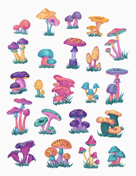 Colorful Mushroom Chart - Prints | Rosie Moon Creations Colourful Mushroom Art, Colorful Mushroom Art, Crystal Drawings, Mushroom Colors, Mushroom Chart, Mushroom Vibes, Mushroom Drawings, Painted Mushrooms, Mushroom Coloring