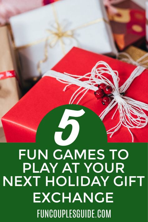 Check out these 5 games to play at your next gift exchange.  Host a holiday party and play a fun game to exchange gifts.  Pick a great white elephant gift with a funny game to play with kids, family, friends or co-workers.  Great ideas for games with Christmas theme or dice to play with. Gift Exchange With Playing Cards, Games To Play While Opening Christmas Gifts, Opening Gifts Game, Christmas Gift Exchange Games For Large Groups, White Elephant Gift Game Ideas, Gift Card Game Exchange, How To Play White Elephant Gift Exchange, White Elephant Games Ideas, Holiday Gift Games