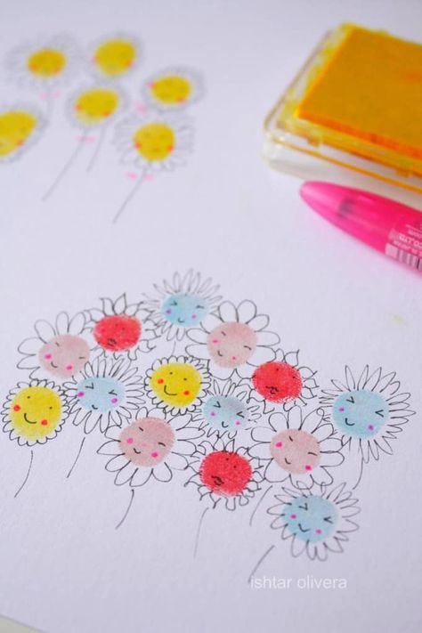 Fingerprint Cards, Thumbprint Art, Fingerprint Crafts, Fingerprint Art, Daisy Scouts, Girl Scout Ideas, Kid Art, Handprint Art, 수채화 그림