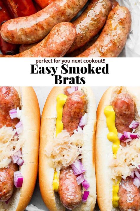 Smoked Brats Electric Smoker, Brats On Traeger Grill, Brats On Smoker, Smoked Beer Brats, Brats On Pellet Grill, Smoked Brats Recipes, Smoked Brats Pellet Grill, Brat Recipes, Smoked Bratwurst