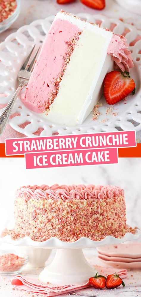 Ice Cream Cake With Crunchies, Strawberry Vanilla Ice Cream Cake, Easy Ice Cream Cake Birthday, How To Decorate An Ice Cream Cake, Strawberry Shortcake Icecream Cake, Vanilla Ice Cream Dessert Ideas, Strawberry Icecream Cake, Ice Cream Cake Vanilla, Frozen Dessert Ideas