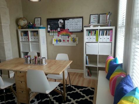 Homeschool room Tutoring Room, Shed Homes Ideas, Teen Game Rooms, Homeschool Room Design, Homeschool Room Organization, Home Study Rooms, Home Command Center, Ikea Dining, Homeschool Room