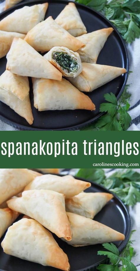 Spanakopita Triangles, Crumpets Recipe, Greek Spanakopita, Vegetarian Finger Food, Phyllo Pie, Food Savoury, Baked Coconut Shrimp, Cheese Triangles, Greek Spinach