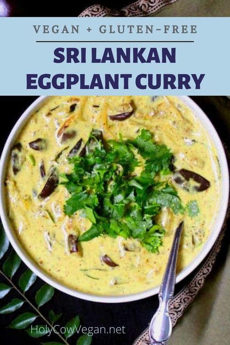 A white bowl with yellow Sri Lankan Eggplant curry with a garnish of cilantro and spoon with curry leaves on the side. Eggplant Coconut Curry, Sri Lankan Eggplant Curry, Creamy Eggplant, Planning 2024, Creamy Coconut Sauce, Pinterest Mom, Ms Diet, Pork Curry, Cooking Fever