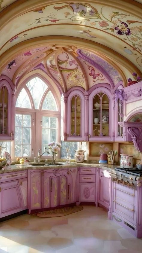 Kitchen Purple, Kitchen Cottagecore, Aesthetic Countryside, Tangled Aesthetic, Kitchen English, Countryside Kitchen, Cottagecore Kitchen, Hippie Garden, Kitchen Pink