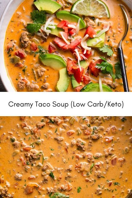 Low carb and keto-friendly Creamy taco soup is warm and comforting. It's packed with veggies and topped with fresh avocado and lime juice and is the perfect way to enjoy tacos without the added carbs!Ingredients1 lb ground beef or turkey or chicken1 tbsp oil of choice1 small onion diced2-3 cloves garlic minced1 small green bell pepper diced (optional)1 (10 oz) can Rotel tomatoes or 1 large tomato, chopped1 (8 oz) pkg cream cheese OR 1 cup heavy cream2 tablespoons  homemade or 1 packet Taco Soup Low Carb, Creamy Taco Soup, Turkey Taco Soup, Soup Low Carb, Low Carb Taco Soup, Ground Turkey Soup, Low Carb Taco, Homemade Taco Seasoning Recipe, Healthy Low Carb Snacks