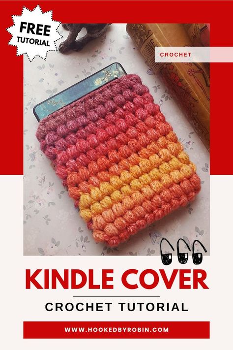 how to crochet your own kindle cover or book sleeve with free tutorial Hooked By Robin, Crochet Book Cover, Puff Stitch Crochet, Crochet Bookmark Pattern, Crochet Case, Crochet Book, Kindle Sleeve, Kindle Cover, Beginner Crochet Projects