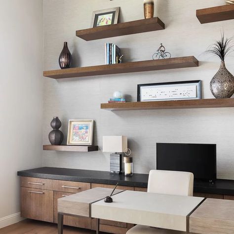 39 South Peak - Transitional - Home Office - Orange County - by Pinpoint Properties | Houzz Floating Shelves Behind Desk, Shelves Behind Desk, Dark Office Walls, Office Wall Shelves, Transitional Home Office, Home Office Modern, Trendy Interior Design, Brown Floors, Transitional House