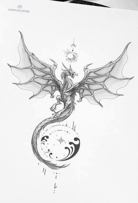 Full Moon Dragon Tattoo, Mystic Dragon Tattoo, Tattoo Design Drawings Dragon, Spiritual Dragon Tattoo, Dragon With Flames Tattoo, Fierce Dragon Tattoo, Fairy And Dragon Tattoo, Stella Luna Tattoo, Dragon Tattoo Drawing Design