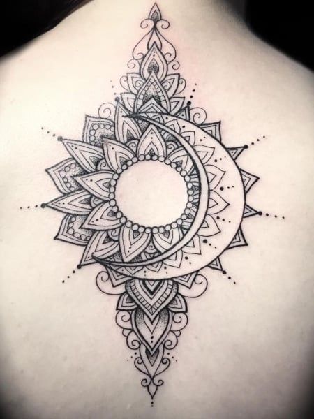 100 Best Mandala Tattoo Designs & Meaning - The Trend Spotter Mandala Sun Tattoo, Dotwork Tattoo Mandala, Tattoo Sonne, Sun And Moon Mandala, Moon Tattoo Designs, Skeleton Hand Tattoo, Tattoos Geometric, Sun Tattoos, Mandala Tattoo Design