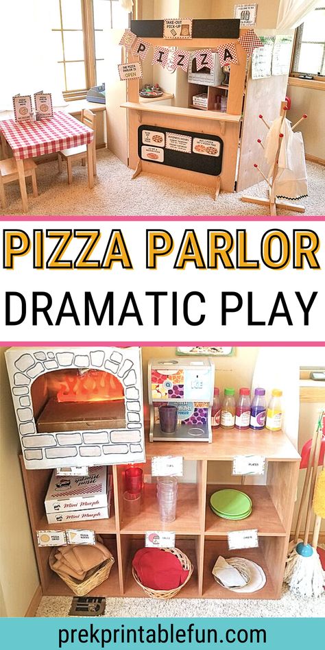 Preschool Pizza Parlor, Pizza Store Dramatic Play, Pizza Play Center, Preschool Pizza Dramatic Play, Pizza Parlor Dramatic Play Center Ideas, Pizza Shop Preschool, Food Dramatic Play Preschool, April Dramatic Play Preschool, Pretend Pizza Shop