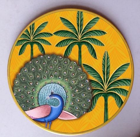 Cow Artwork, Painted Peacock, Circle Canvas, Peacock Painting, Pichwai Paintings, Ganesha Painting, Indian Folk Art, Madhubani Painting, Painting Workshop