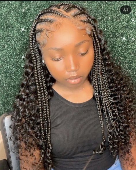 21 Birthday Hairstyles Braids, Feed In Braids In Front Curly Hair In Back, Feedin Braids With Curly Hair Sew In, Braids And Tracks, Trial Braids With Weave, Fulani Braids Hairstyles With Curls In The Back, Braids At Top With Sew In, Braids Going Back With Weave, Feedin Braids In Front Weave In Back