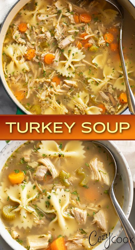 This Turkey Soup recipe is easy to make from scratch with leftover turkey! It has a flavorful broth, pasta, and vegetables! Add-on options include rice, potatoes, pasta, and lots of vegetables! Easy Turkey Vegetable Soup, Turkey Soup Leftover Thanksgiving Leftovers, Soup Recipes With Carrots And Celery, Bow Tie Pasta Soup Recipes, Best Leftover Turkey Soup Recipe, Vegetable Turkey Soup, Turkey And Rice Soup From Carcass Recipes, Turkey Pasta Soup Recipes, Turkey Noodle Soup From Carcass Recipes