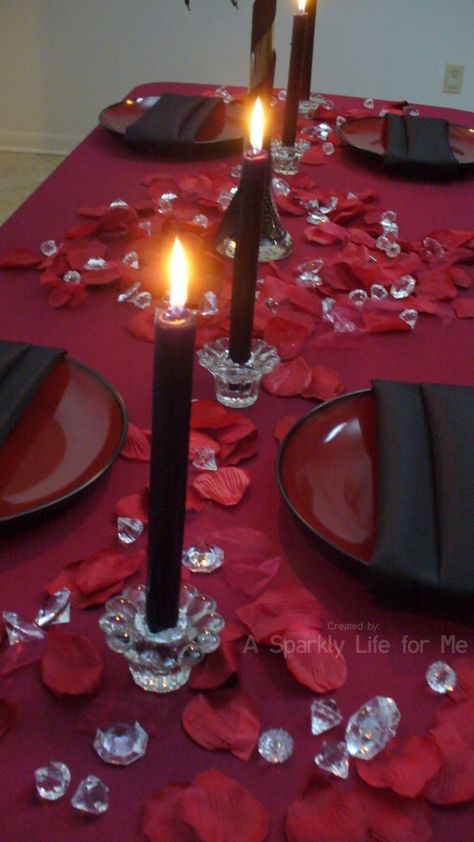 Red Black and Crystal Valentine's Day Table Decor Church Valentines Party, Crystal Valentine, Church Valentines, Valentine Tablescape, Conversation Hearts Candy, Valentine Table, Table Decoration Ideas, Valentines Party Decor, Valentine Table Decorations