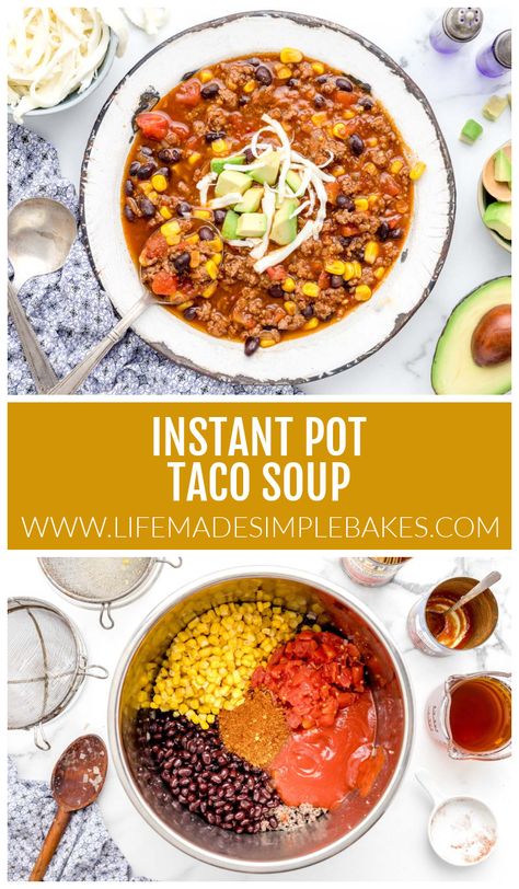 Instant Pot Taco Soup Recipe Instant Pot Taco Soup, Easy Taco Soup Recipe, Easy Healthy Soup, Soup Instant Pot, Easy Taco Soup, Soup With Ground Beef, Homemade Tortilla Chips, Cooking Dried Beans, Taco Soup Recipe