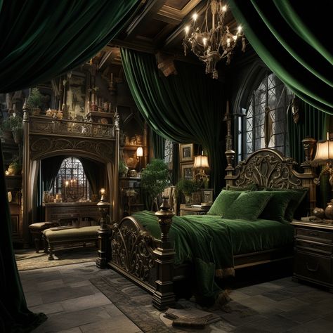 Slytherin Bedroom, Slytherin Room, Fantasy Rooms, Dark Home Decor, Slytherin House, Dark Home, Aesthetic Rooms, Dream Room Inspiration, Green Rooms