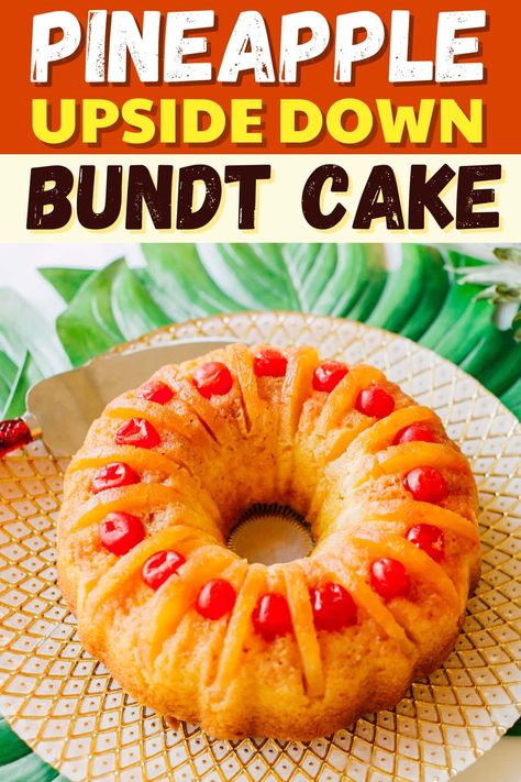 This Pineapple Upside-Down Bundt cake is perfect for your next get-together. It has all the delicious, traditional ingredients but in an elegant, Bundt form. Auction Cake Ideas, Pineapple Upside Down Cake Recipe Bundt, Pineapple Upside Down Bundt Cake Recipe, Pineapple Upside Down Bundt Cake, Pineapple Upside Down Bundt, Easy Pineapple Upside Down Cake, Upside Down Bundt Cake, Upside Down Pineapple Cake, Speciality Cakes