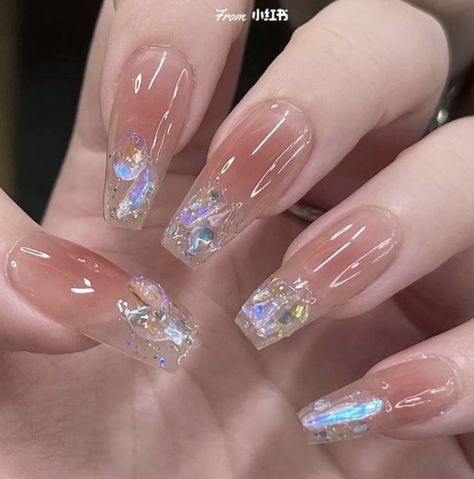 Broken Glass Nail Design, Korean Ice Nails, Korean Glossy Nails, Jelly Nail Extensions, Korean Square Nails, Douyin Nails Coffin, Clear Glass Nail Designs, Square Jelly Nails, Chinese Jelly Nails