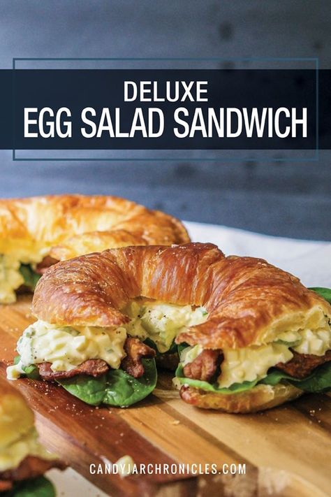 The classic egg salad sandwich gets a deluxe makeover with the addition of crunchy celery, strips of crisp bacon, fresh spinach and then layer it all on a light, buttery croissant. Deluxe Egg Salad Sandwich is a meal you won't soon forget. Bacon Egg Salad Sandwich, Brunch Bacon, Classic Egg Salad Sandwich, Sandwich Egg, Easy Bacon Recipes, Bacon Egg Salad, Salad Bacon, Brunch Sandwich, Egg Salad Sandwich Recipe