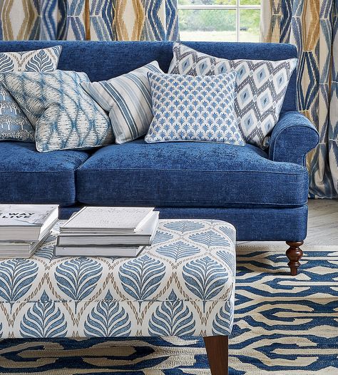 Blue Sofa Decor, Printed Fabric Sofa, Navy Sofa Living Room, Funky Sofa, Farrow And Ball Living Room, Blue Sofa Living, Classic Living Room Design, Blue Sofas, Navy Blue Sofa