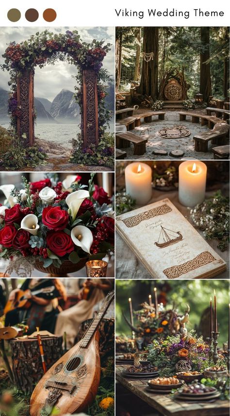 Viking wedding theme ideas for a historic, Norse-inspired celebration. Zelda Theme Wedding, Non Traditional Wedding Themes, Midevil Wedding Aesthetic, Simple Forest Wedding, Pagan Wedding Traditions, Greek Themed Wedding, Earthy Wedding Colors, Viking Attire, Ren Faire Wedding