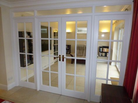 Edwardian glazed room divider. Bespoke and painted white Room Divider French Doors, Internal French Doors Room Dividers, Partition Doors Room Dividers, Edwardian Room, Home Office French Doors, Glass Room Dividers, Office Sunroom, Laundry Door, Bakery House