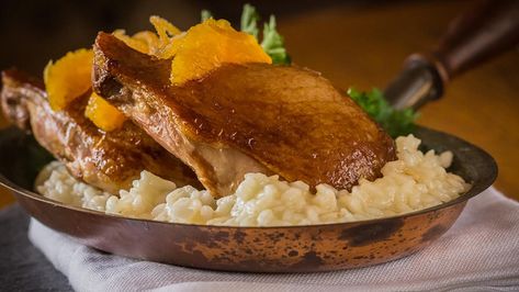 Orange and Soy Roast Duck Legs with Risotto Recipe | Game & Fish Duck Leg Recipes, Cheesy Risotto, Bird Recipes, Recipes For The Holidays, Roasted Duck, Game Recipes, Risotto Recipe, Wild Game Recipes, Roast Duck