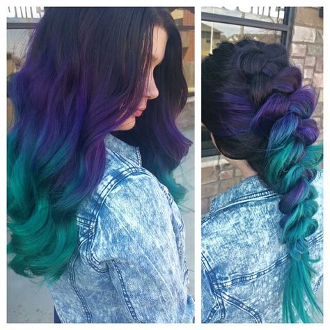 Georgeous purple turquoise ombré Purple And Teal Hair, Teal Ombre Hair, Teal Hair Color, Colored Hair Extensions, Teal Hair, Ombre Hair Extensions, Bright Hair Colors, Purple And Teal, Hair Color Purple