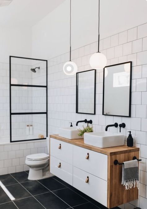 Bathroom Inspiration and Wayfair's 48 Hour SALE!!!! - Nesting With Grace Black Lvp Bathroom Floor, Gray Floor Bathroom Color Schemes, Bathroom Dark Tile Floor, Modern Home Decor Bathroom, Bathroom Addition, Mid Century Modern Bathroom, Bad Inspiration, Brown Bathroom, Gorgeous Bathroom