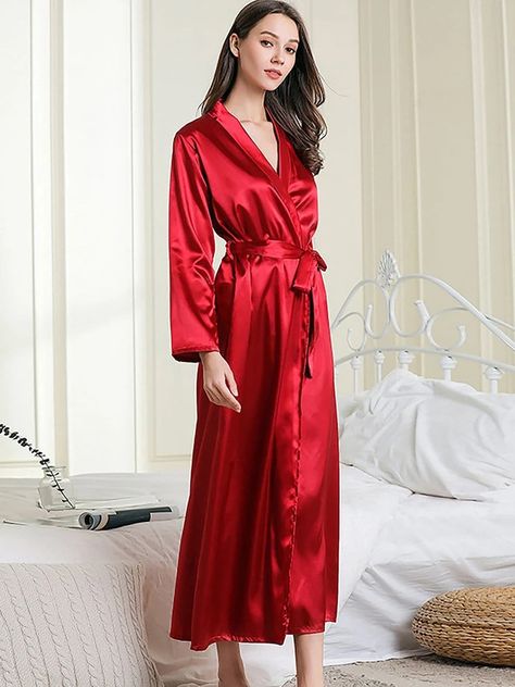 Maxi Nightgown, Nightgown Long, Silky Robe, Silk Pajamas Women, Red Pajamas, Silk Sleepwear, Women's Pajamas, Silk Robe, Long Kimono