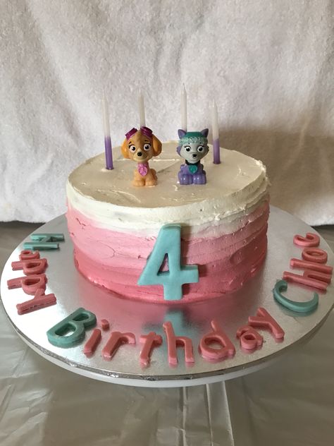 Paw Patrol Pink Ombre Cake. Skye and Everest. 4th Birthday More Skye Paw Patrol Cake Diy, Diy Paw Patrol Cake, Paw Patrol Cake Girly, Diy Paw Patrol, Skye Paw Patrol Cake, Skye Birthday Party, Skye And Everest, Pink Ombre Cake, Paw Patrol Birthday Cake