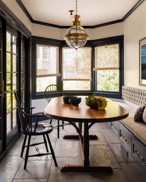 Dark Blue Kitchen Cabinets, Heidi Caillier, Banquette Ideas, Dark Brown Walls, Traditional Aesthetic, San Francisco Houses, Black Dining Chairs, Banquette Seating, Brown Living Room